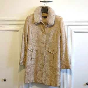 Brocade evening coat with removable faux fur collar